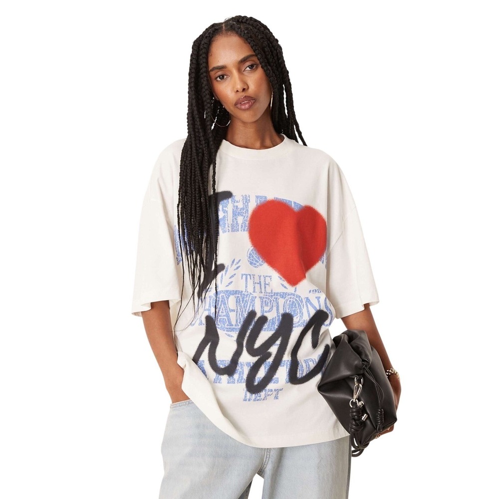 ASOS Design T-Shirt Cream I Love NYC Spray Paint Graphic Tee Streetwear Medium